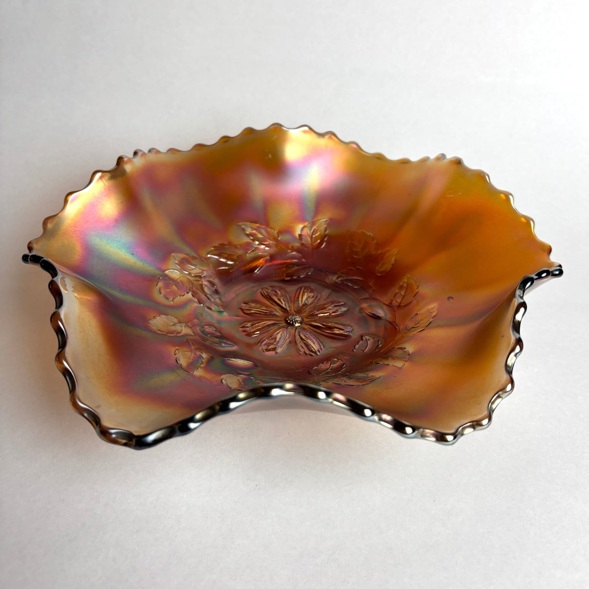 Dugan Cosmos Variant Carnival Glass Bowl Marigold Large Ruffled c1900s