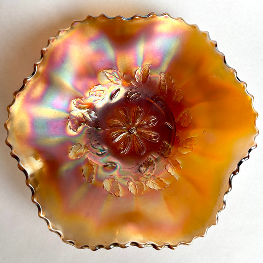 Dugan Cosmos Variant Carnival Glass Bowl Marigold Large Ruffled c1900s