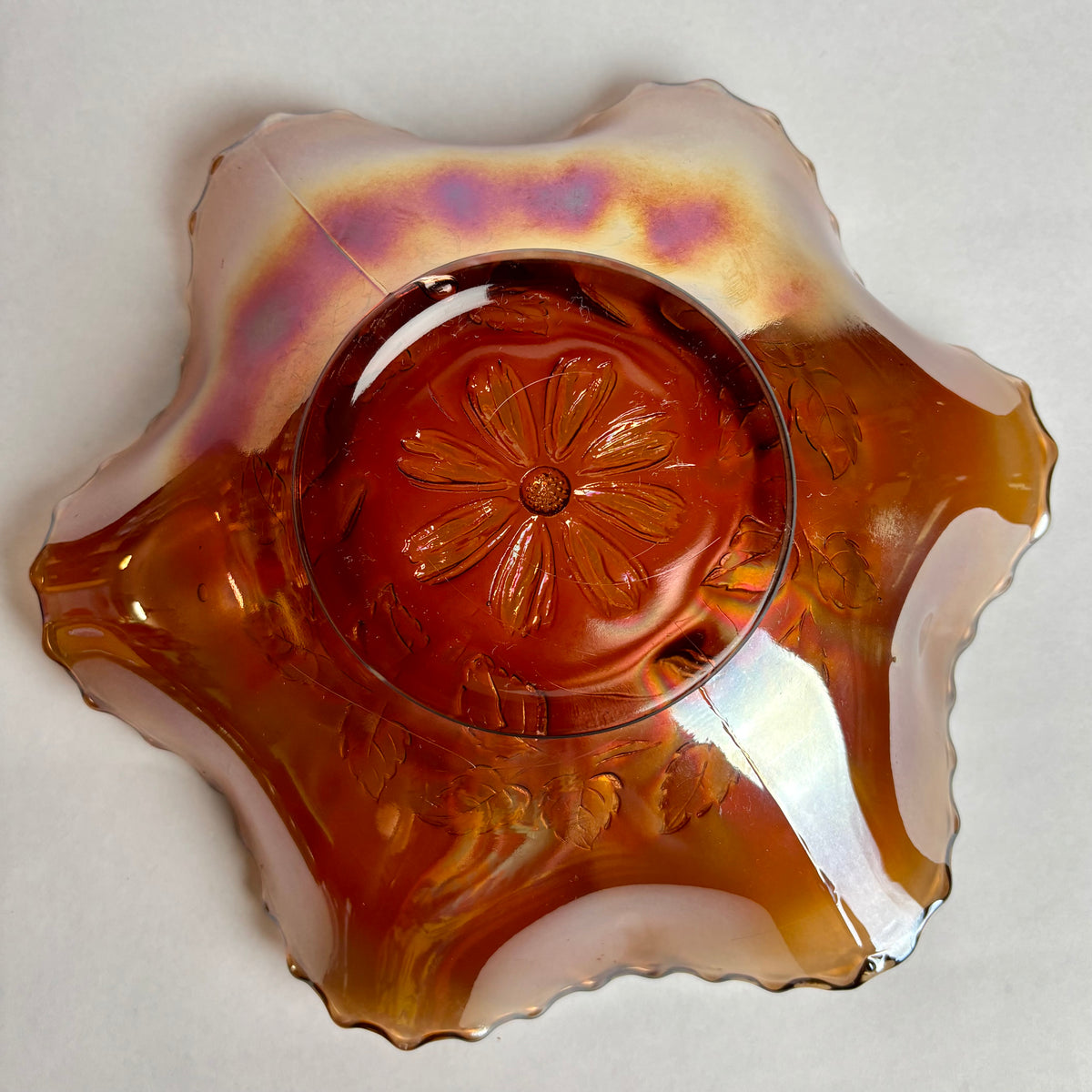 Dugan Cosmos Variant Carnival Glass Bowl Marigold Large Ruffled c1900s