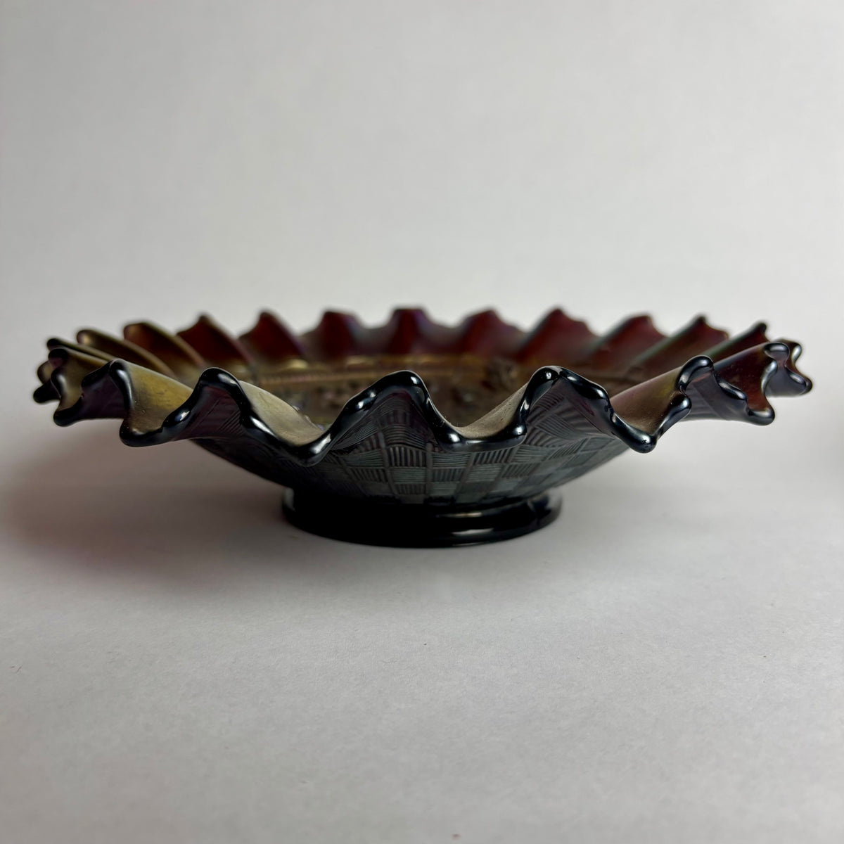 Northwood Grape & Cable Carnival Glass Bowl Amethyst Iridescent Ruffled c1900s