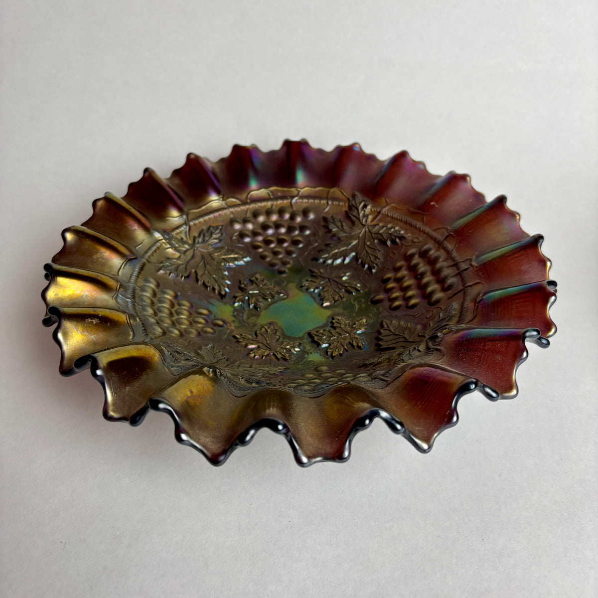 Northwood Grape & Cable Carnival Glass Bowl Amethyst Iridescent Ruffled c1900s