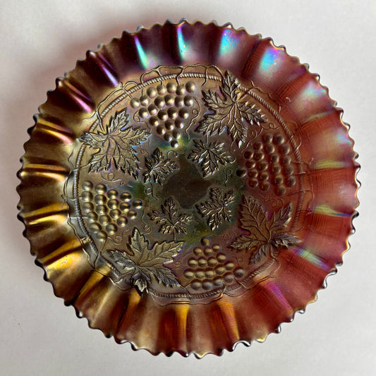 Northwood Grape & Cable Carnival Glass Bowl Amethyst Iridescent Ruffled c1900s