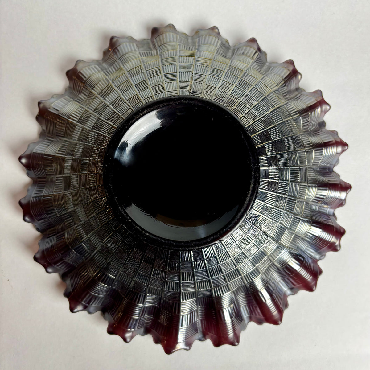 Northwood Grape & Cable Carnival Glass Bowl Amethyst Iridescent Ruffled c1900s