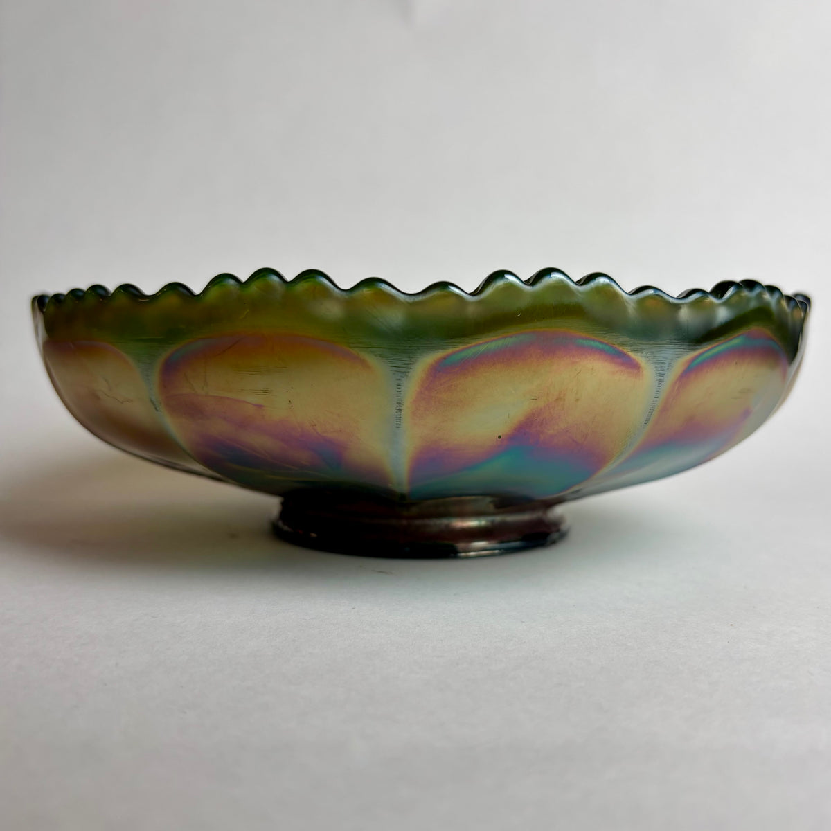 Fenton Autumn Acorns Carnival Glass Bowl Green Blue Iridescent c1900s