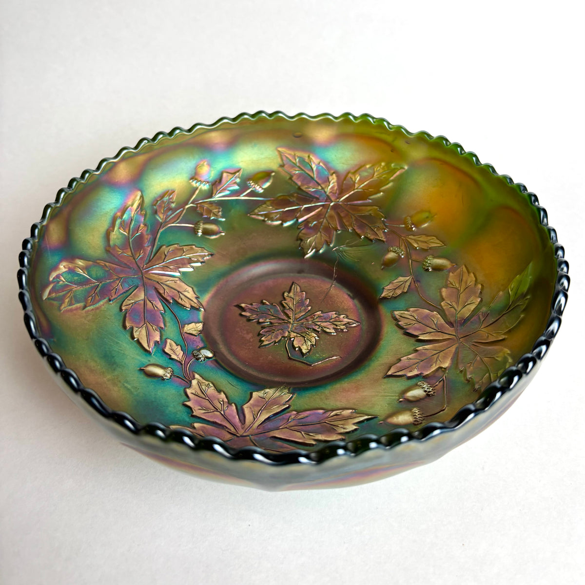 Fenton Autumn Acorns Carnival Glass Bowl Green Blue Iridescent c1900s