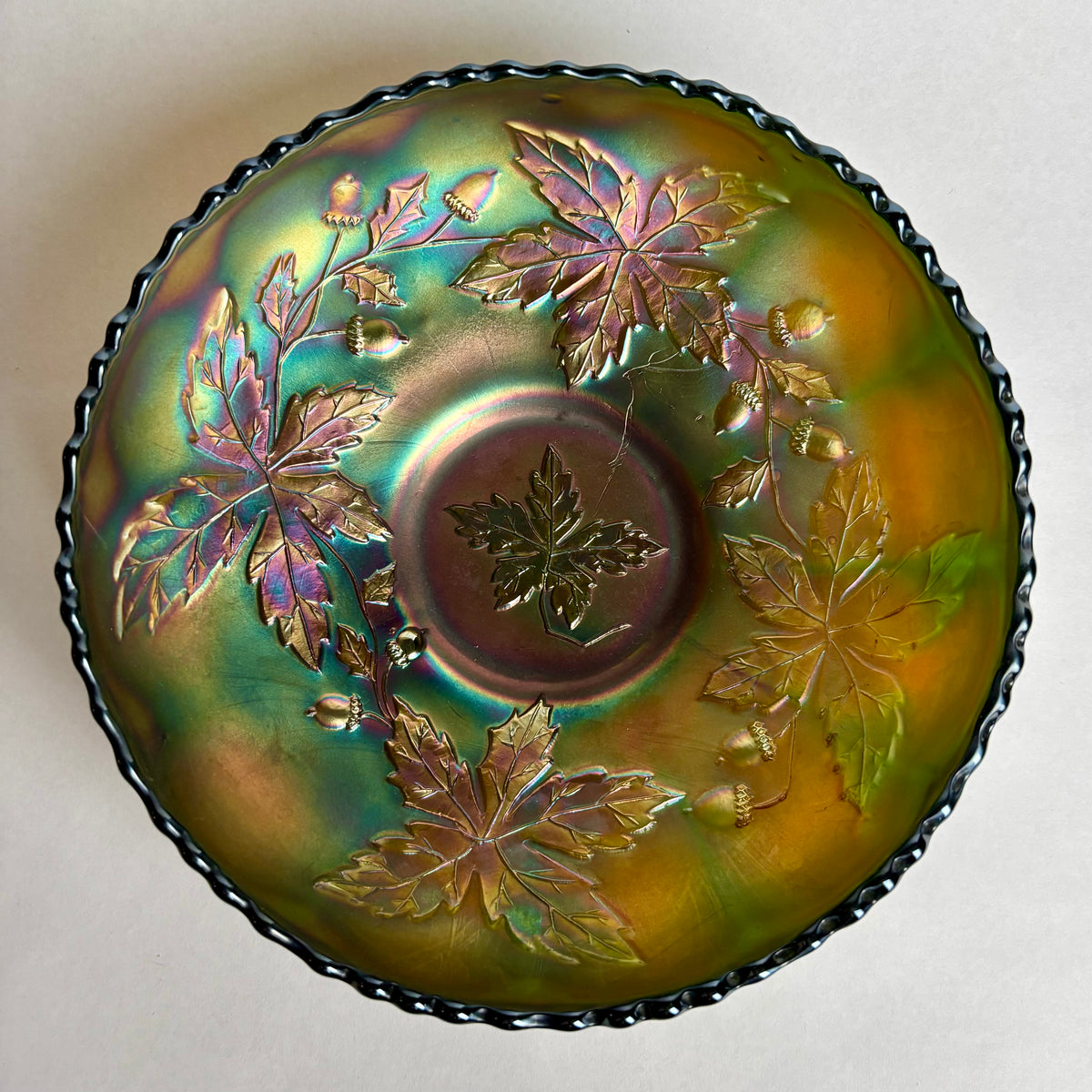Fenton Autumn Acorns Carnival Glass Bowl Green Blue Iridescent c1900s