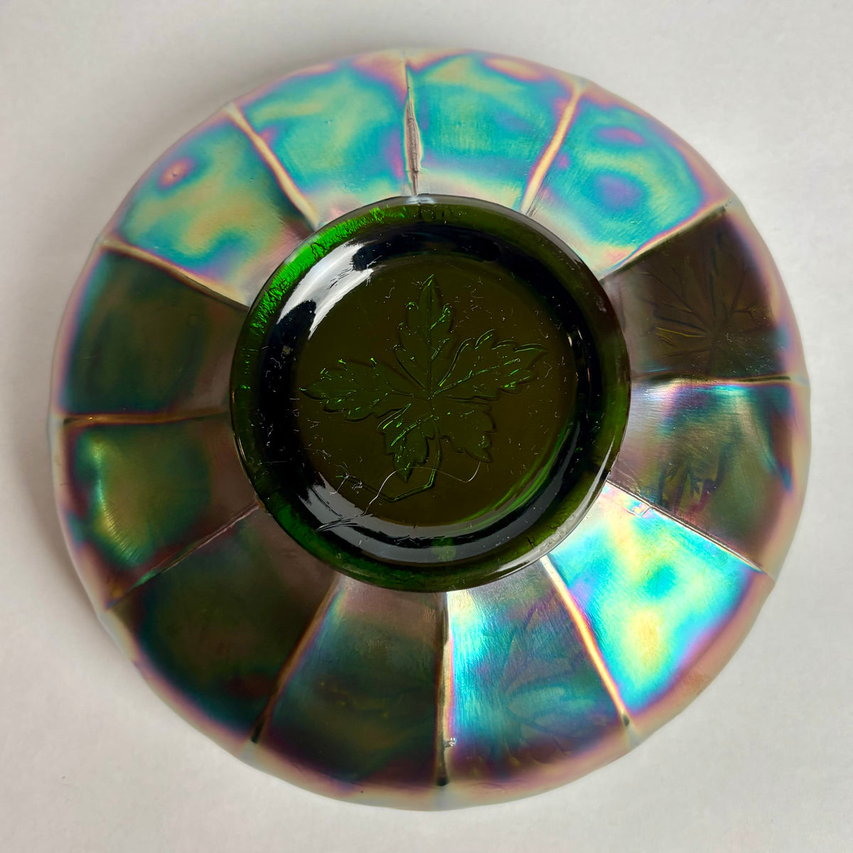 Fenton Autumn Acorns Carnival Glass Bowl Green Blue Iridescent c1900s