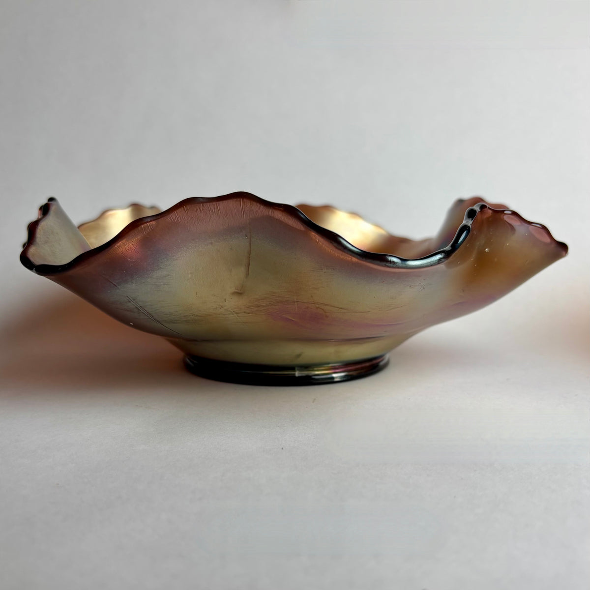 Dugan & Diamond Cosmos Carnival Glass Bowl Marigold Crimped Rim c1900s
