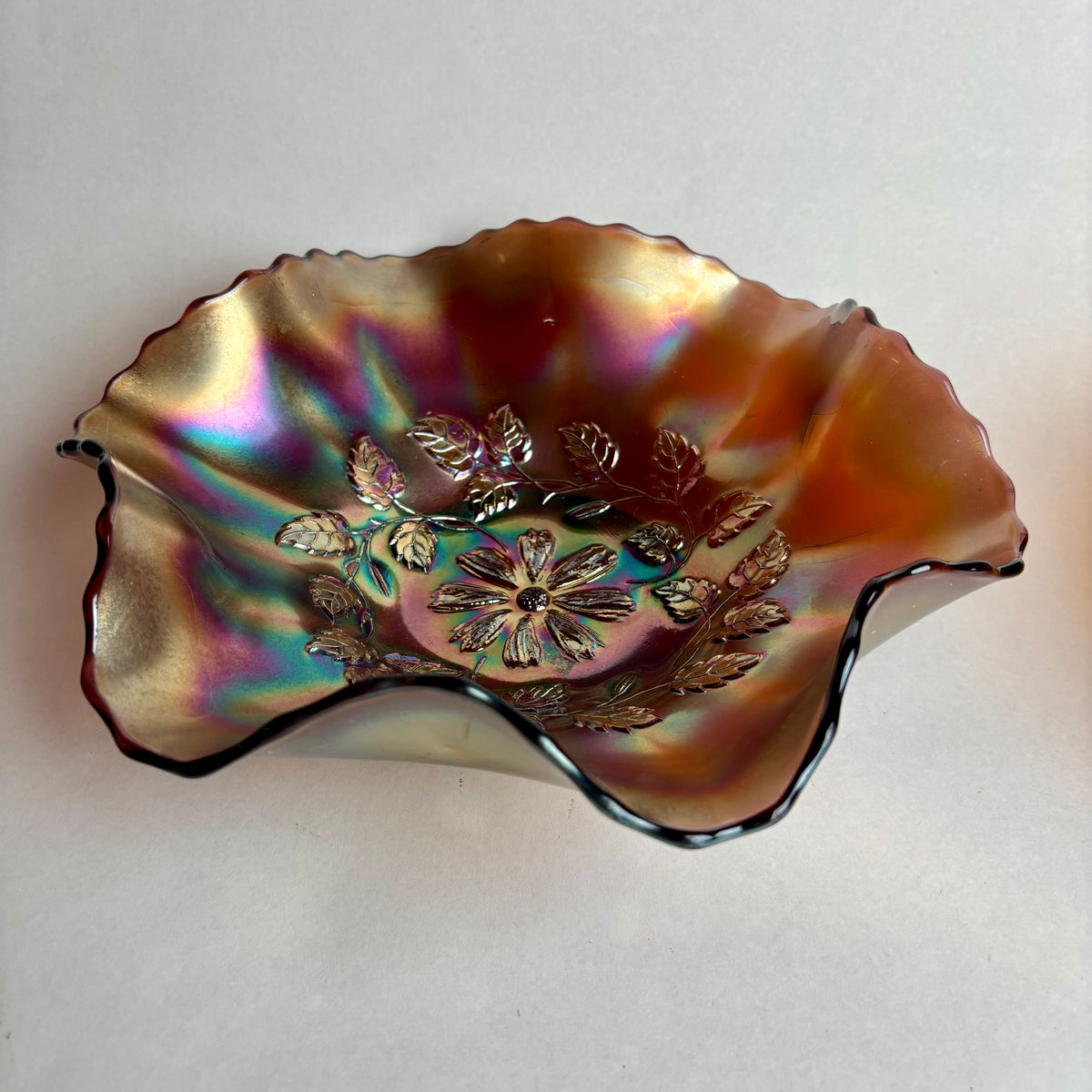 Dugan & Diamond Cosmos Carnival Glass Bowl Marigold Crimped Rim c1900s