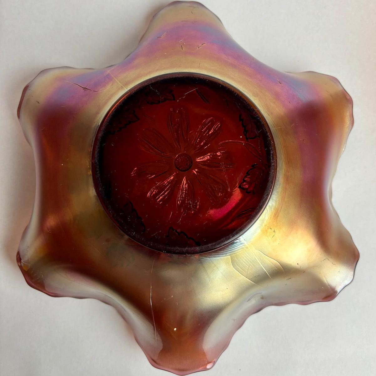 Dugan & Diamond Cosmos Carnival Glass Bowl Marigold Crimped Rim c1900s