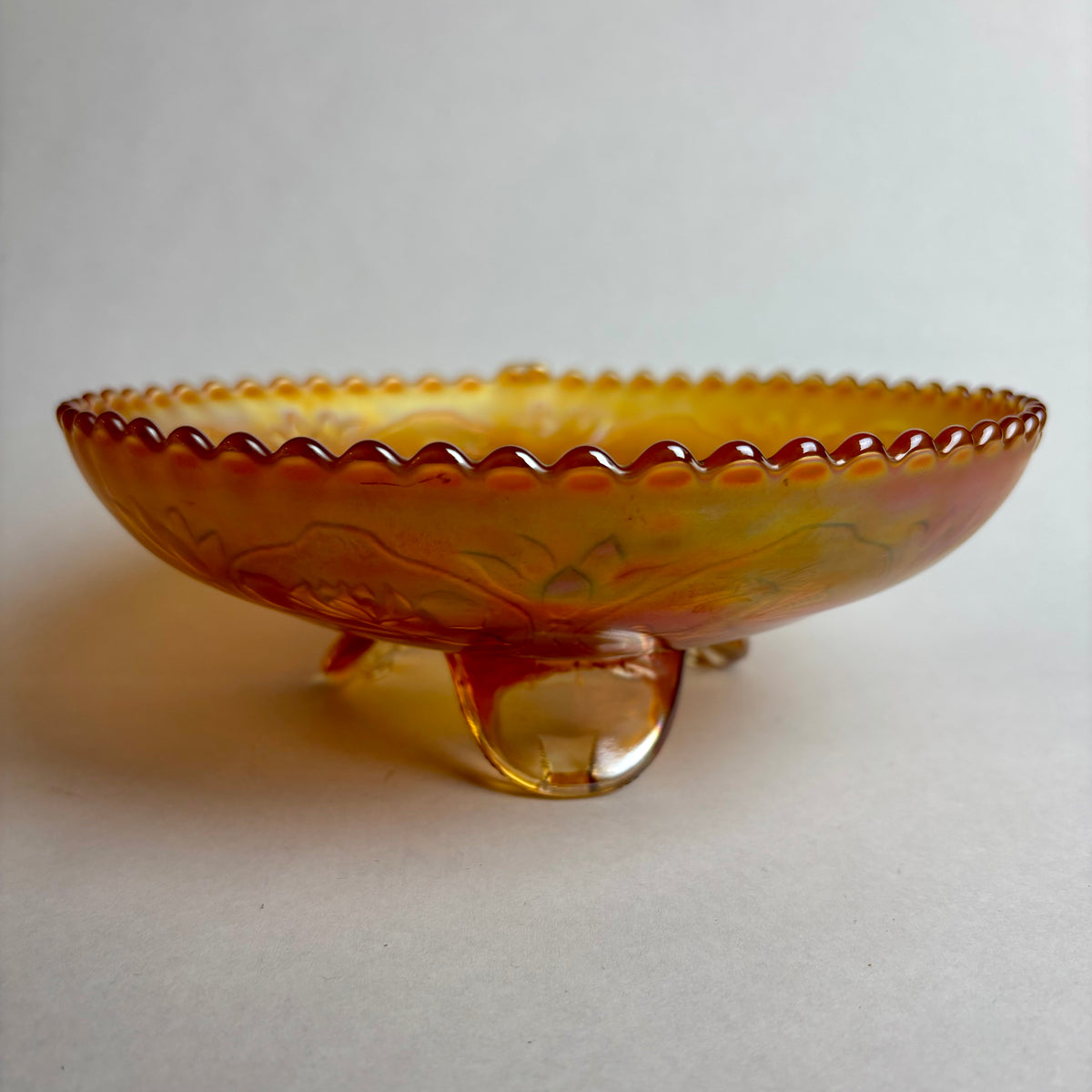Fenton Dragon & Roses Carnival Glass Bowl Marigold Footed c1900s