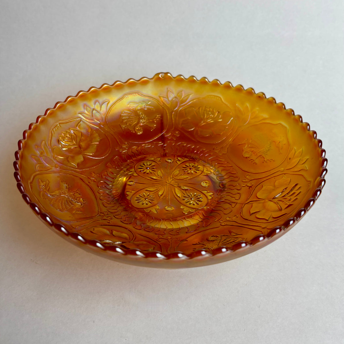 Fenton Dragon & Roses Carnival Glass Bowl Marigold Footed c1900s