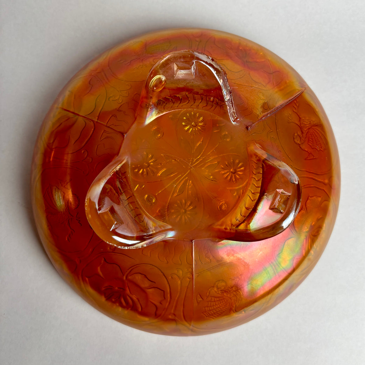 Fenton Dragon & Roses Carnival Glass Bowl Marigold Footed c1900s