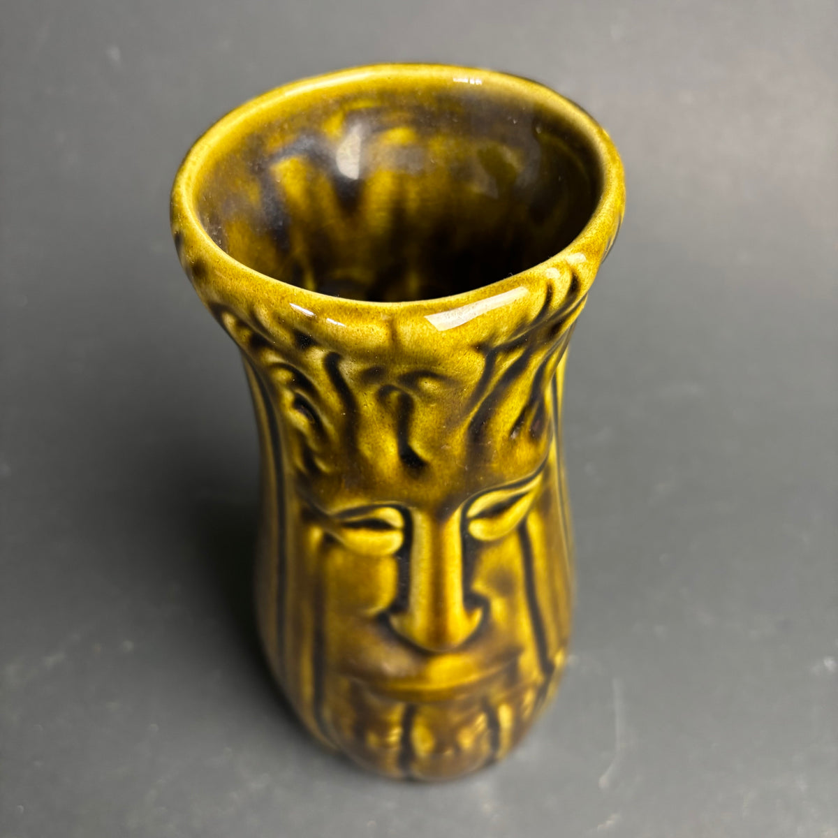 Mid-Century Character Face Vase – Olive Glaze Studio Style Pottery