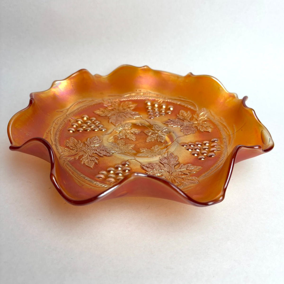 Fenton Grape & Cable Carnival Glass Bowl Marigold Ruffled Edge