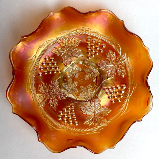 Fenton Grape & Cable Carnival Glass Bowl Marigold Ruffled Edge