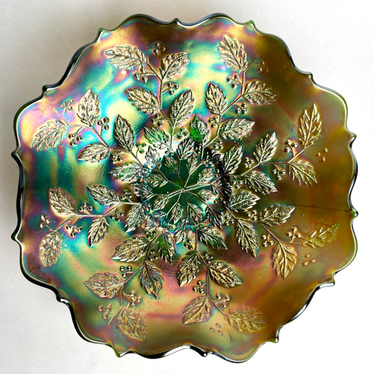 Fenton Green Carnival Glass Holly & Berries Ruffled Bowl Antique