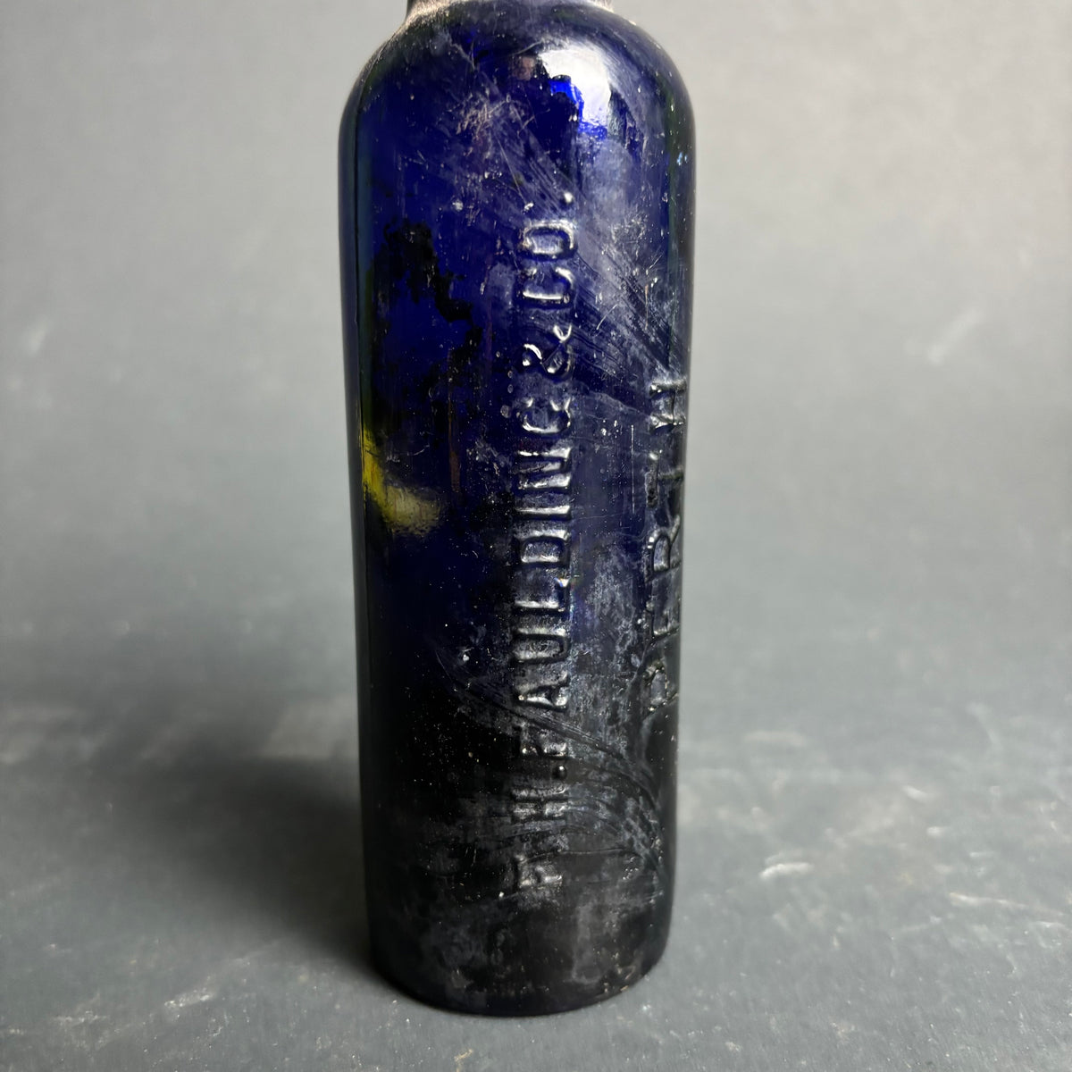 Antique Cobalt Blue Glass Bottle – Faulding & Co Ltd Perth – Embossed Chemist Bottle