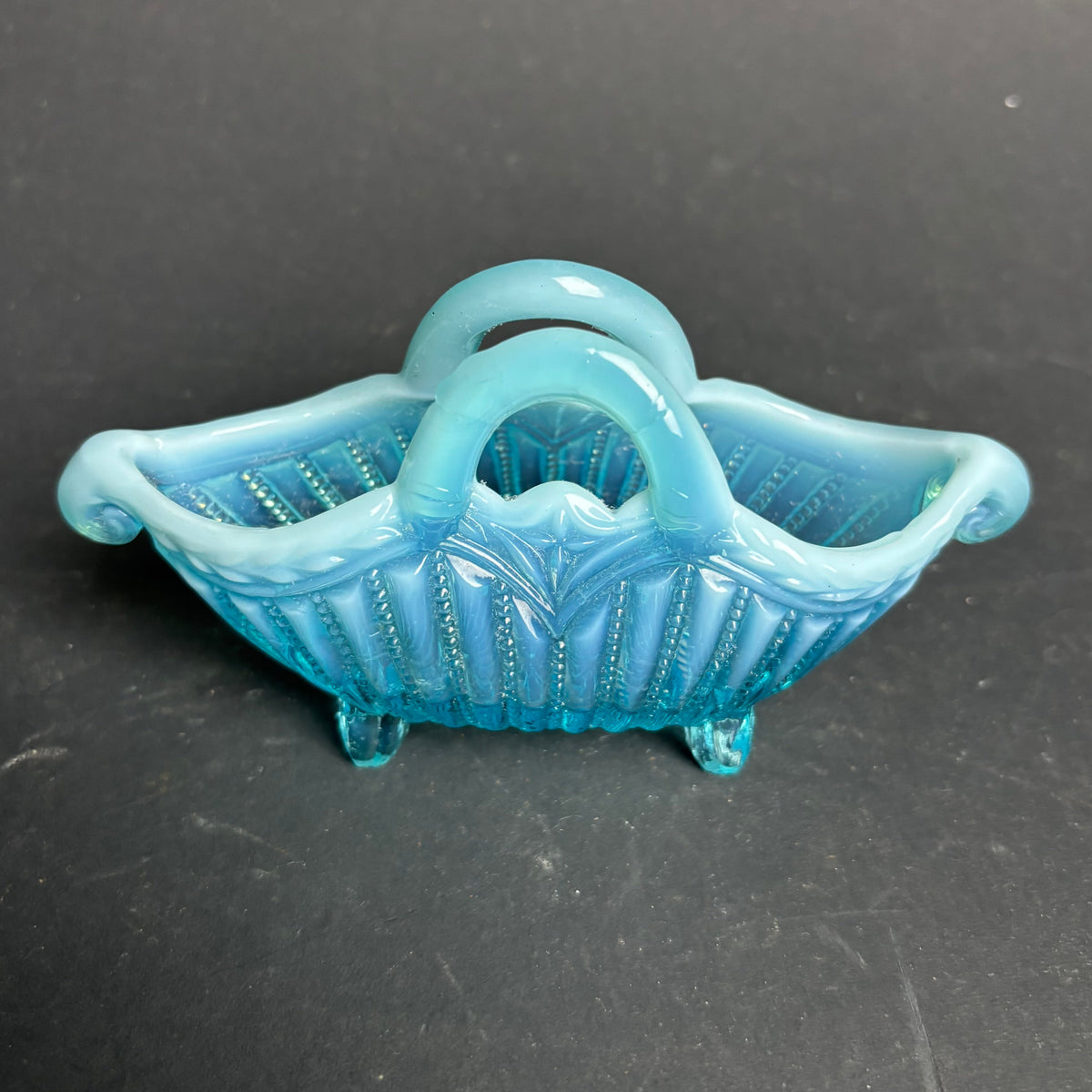 Vintage Blue Opalescent Glass Basket – Footed Bonbon Dish