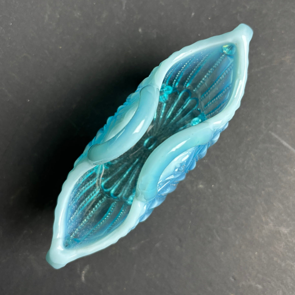 Vintage Blue Opalescent Glass Basket – Footed Bonbon Dish