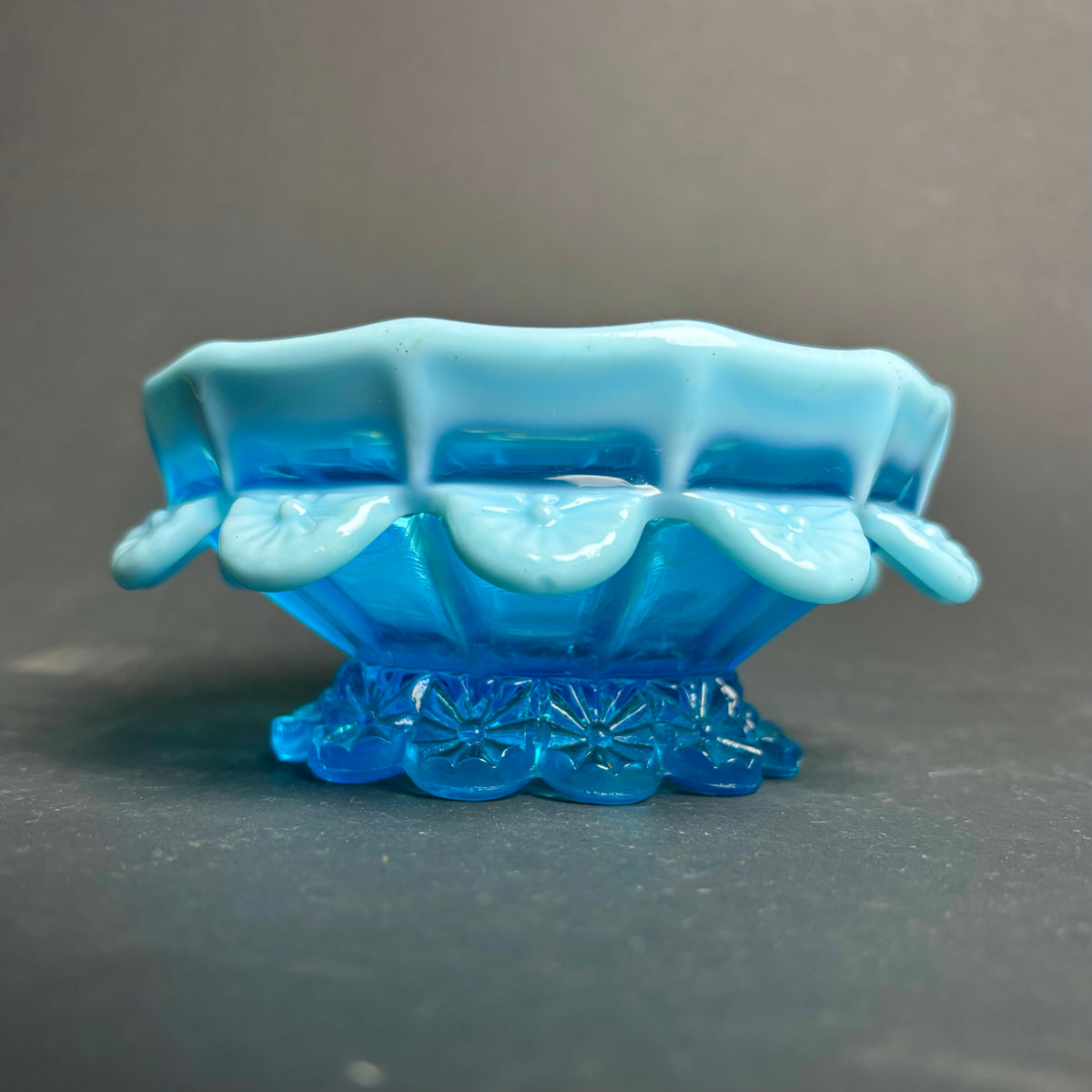 Vintage Blue Glass Bowl with Milk Glass Frill Rim