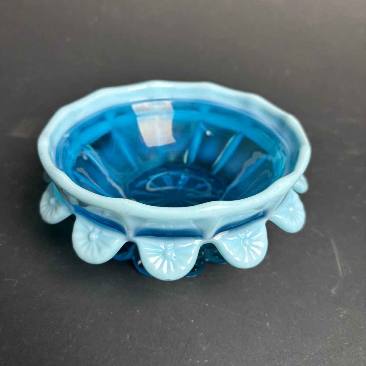 Vintage Blue Glass Bowl with Milk Glass Frill Rim