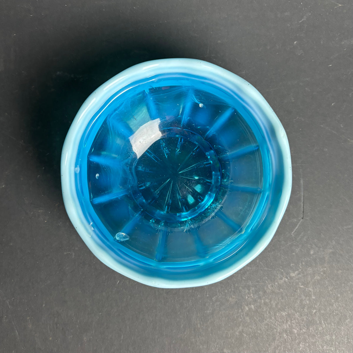 Vintage Blue Glass Bowl with Milk Glass Frill Rim