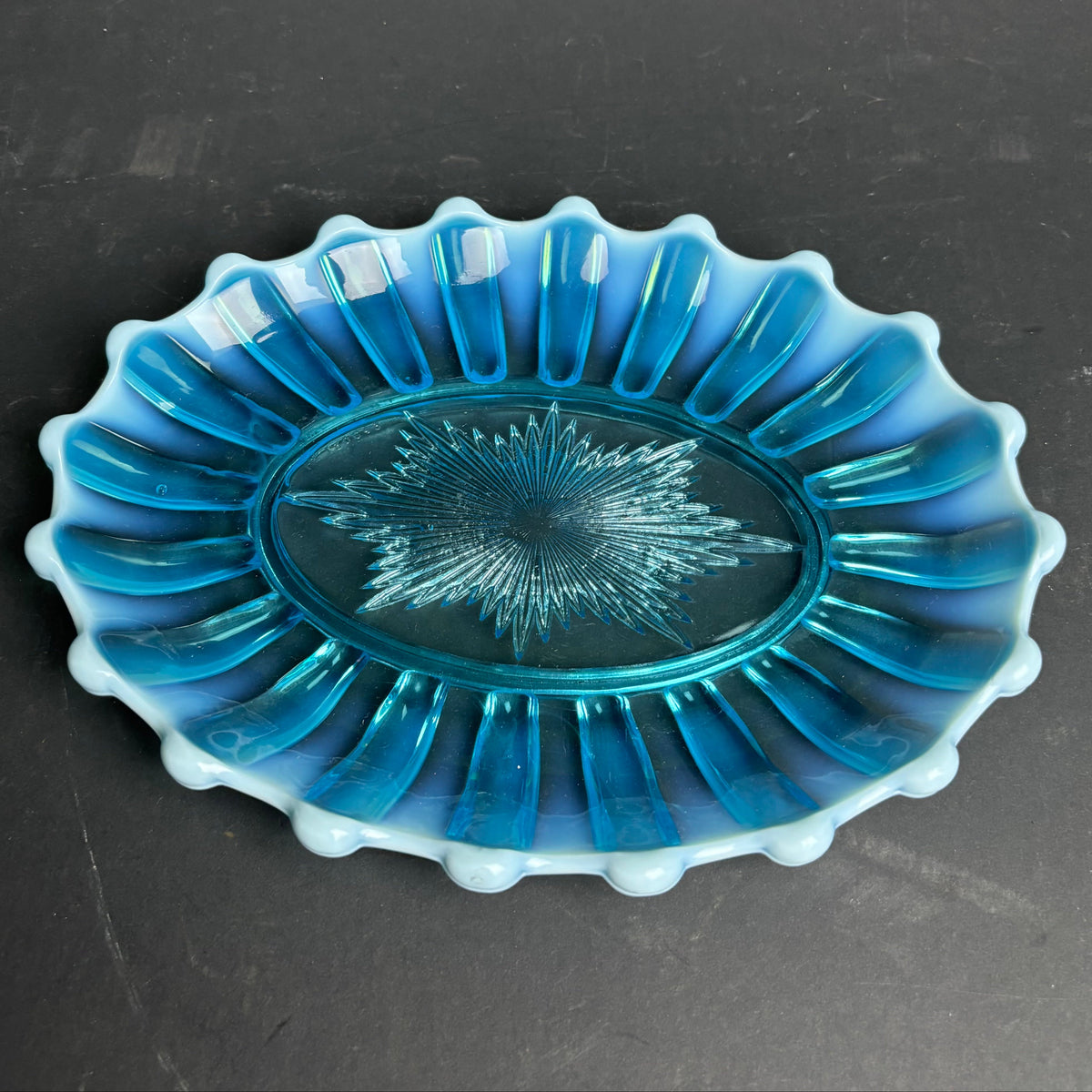 Vintage Blue Glass Platter with Milk Glass Scalloped Rim