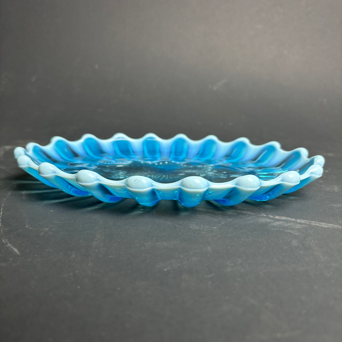 Vintage Blue Glass Platter with Milk Glass Scalloped Rim