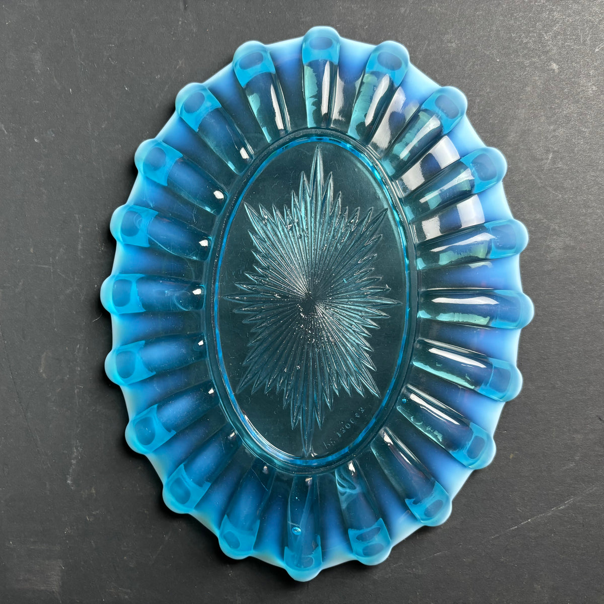 Vintage Blue Glass Platter with Milk Glass Scalloped Rim
