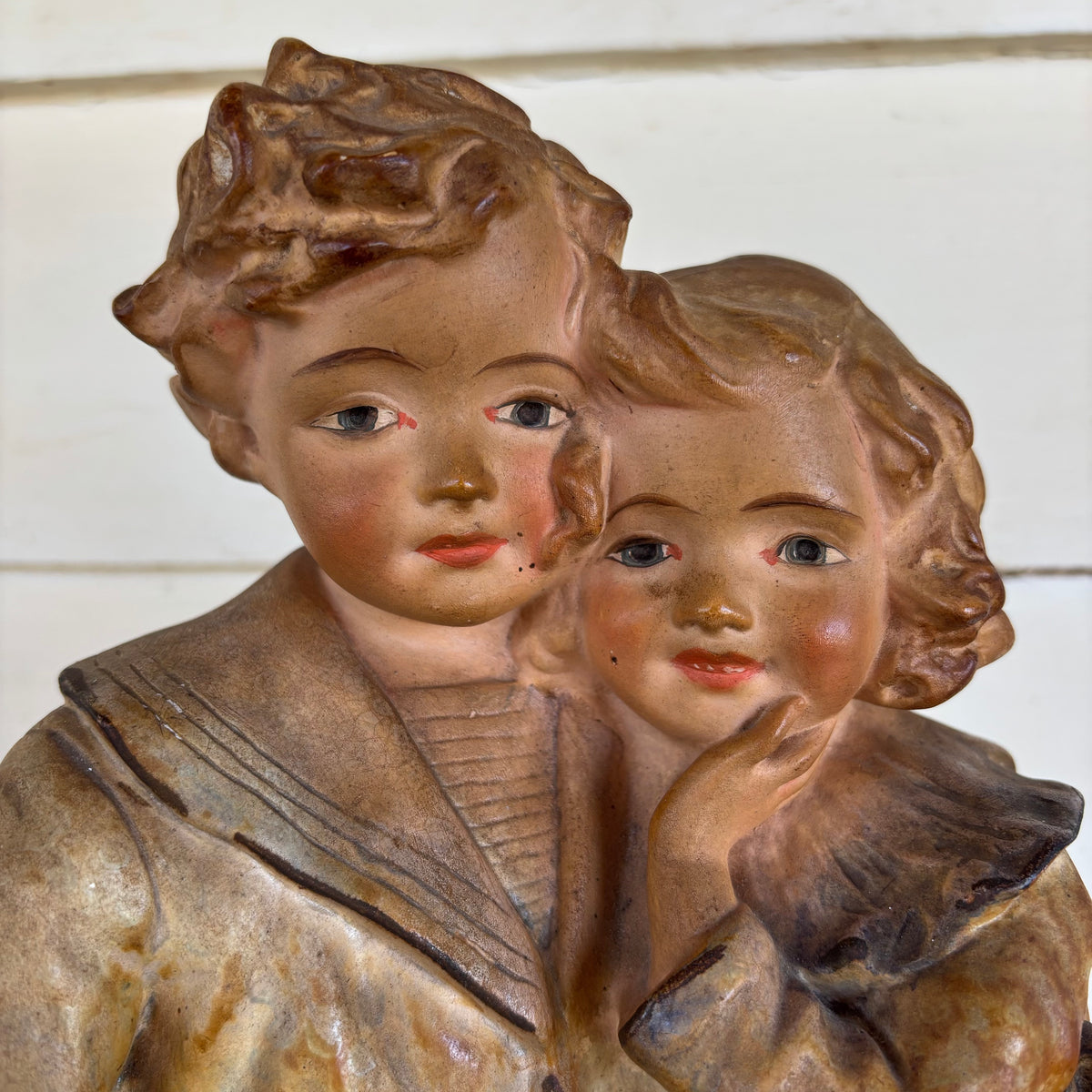 Large French Chalkware Boy & Girl Statue – c.1930s