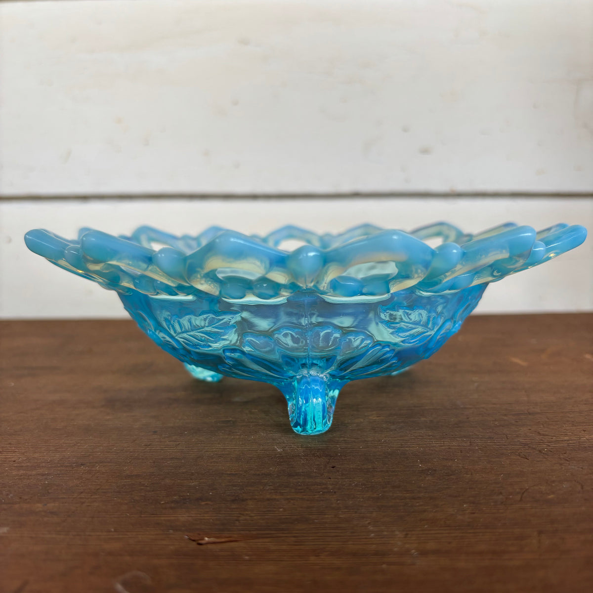 Vintage Blue Opalescent Glass Footed Bowl – Lattice Edge
