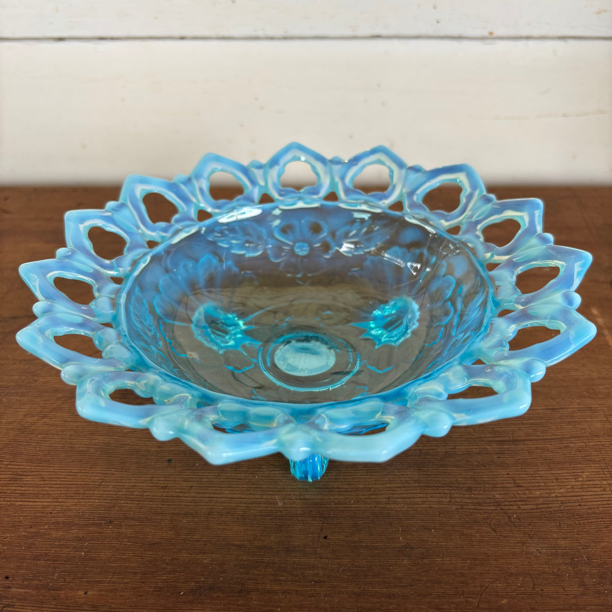 Vintage Blue Opalescent Glass Footed Bowl – Lattice Edge