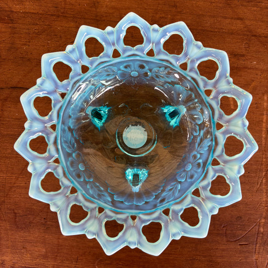 Vintage Blue Opalescent Glass Footed Bowl – Lattice Edge