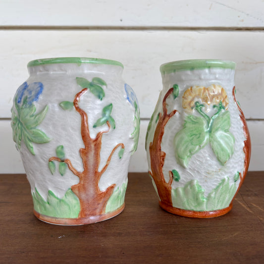 Pair of Vintage Relief Pottery Vases – Hand-Painted Floral & Tree Motif