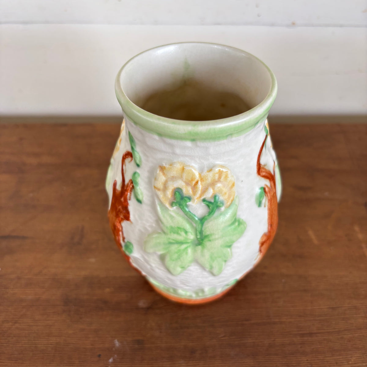 Pair of Vintage Relief Pottery Vases – Hand-Painted Floral & Tree Motif
