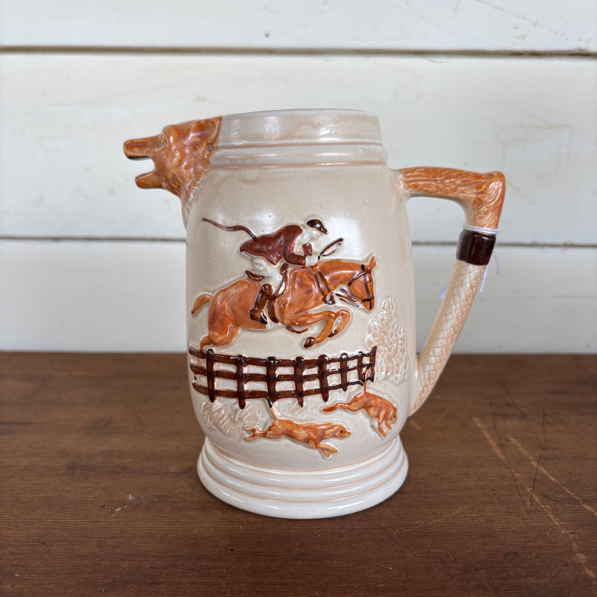 English Hunting Scene Pitcher with Fox Head Spout