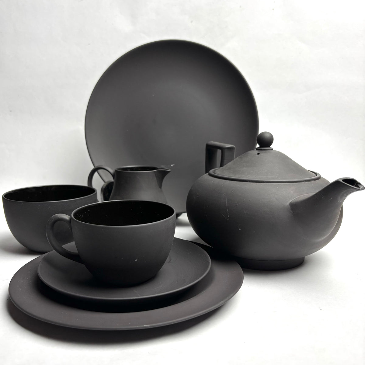 Wedgwood Black Basalt Tea Set 6 Trios Teapot Creamer Sugar Plate