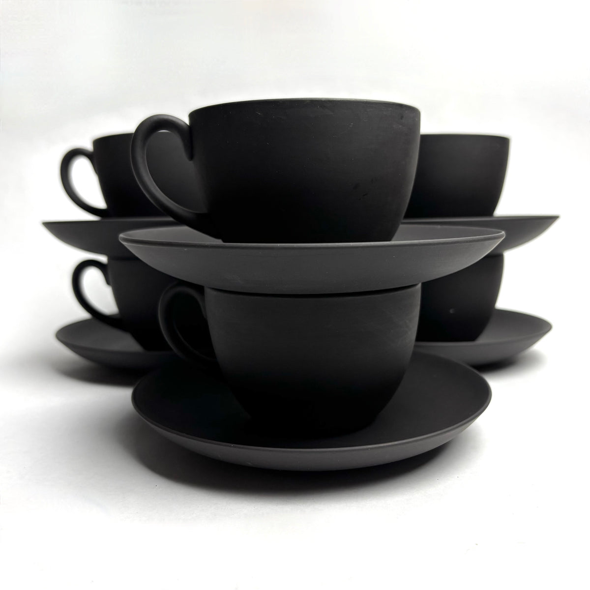 Wedgwood Black Basalt Tea Set 6 Trios Teapot Creamer Sugar Plate