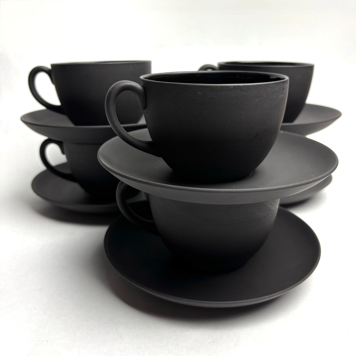 Wedgwood Black Basalt Tea Set 6 Trios Teapot Creamer Sugar Plate