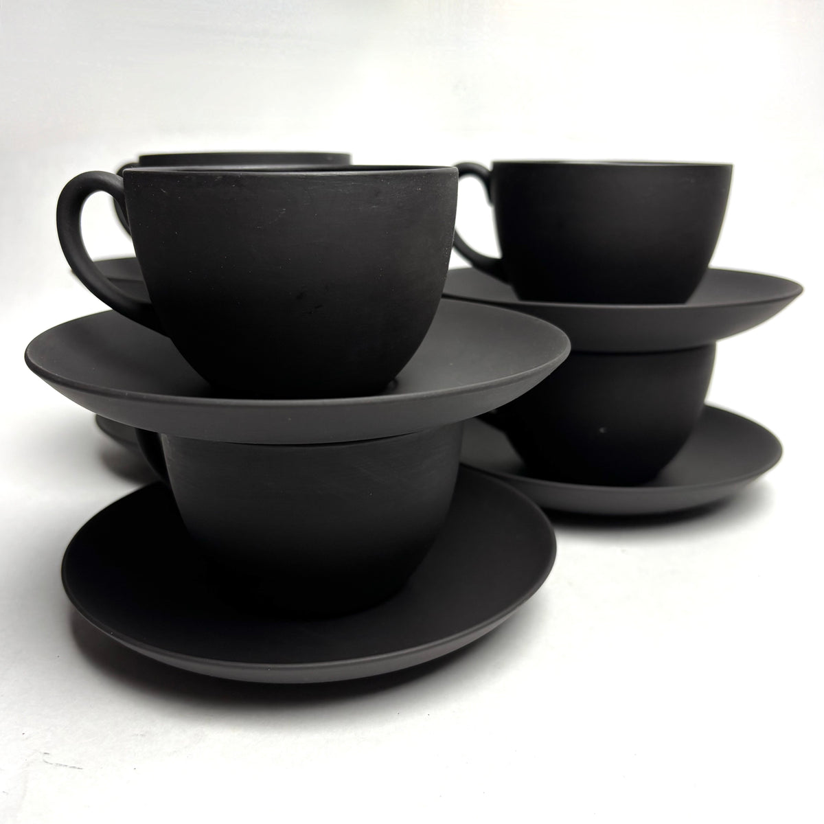 Wedgwood Black Basalt Tea Set 6 Trios Teapot Creamer Sugar Plate