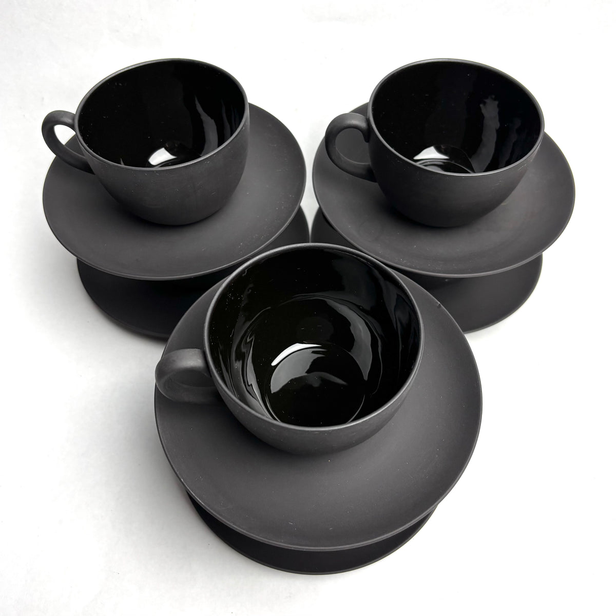 Wedgwood Black Basalt Tea Set 6 Trios Teapot Creamer Sugar Plate