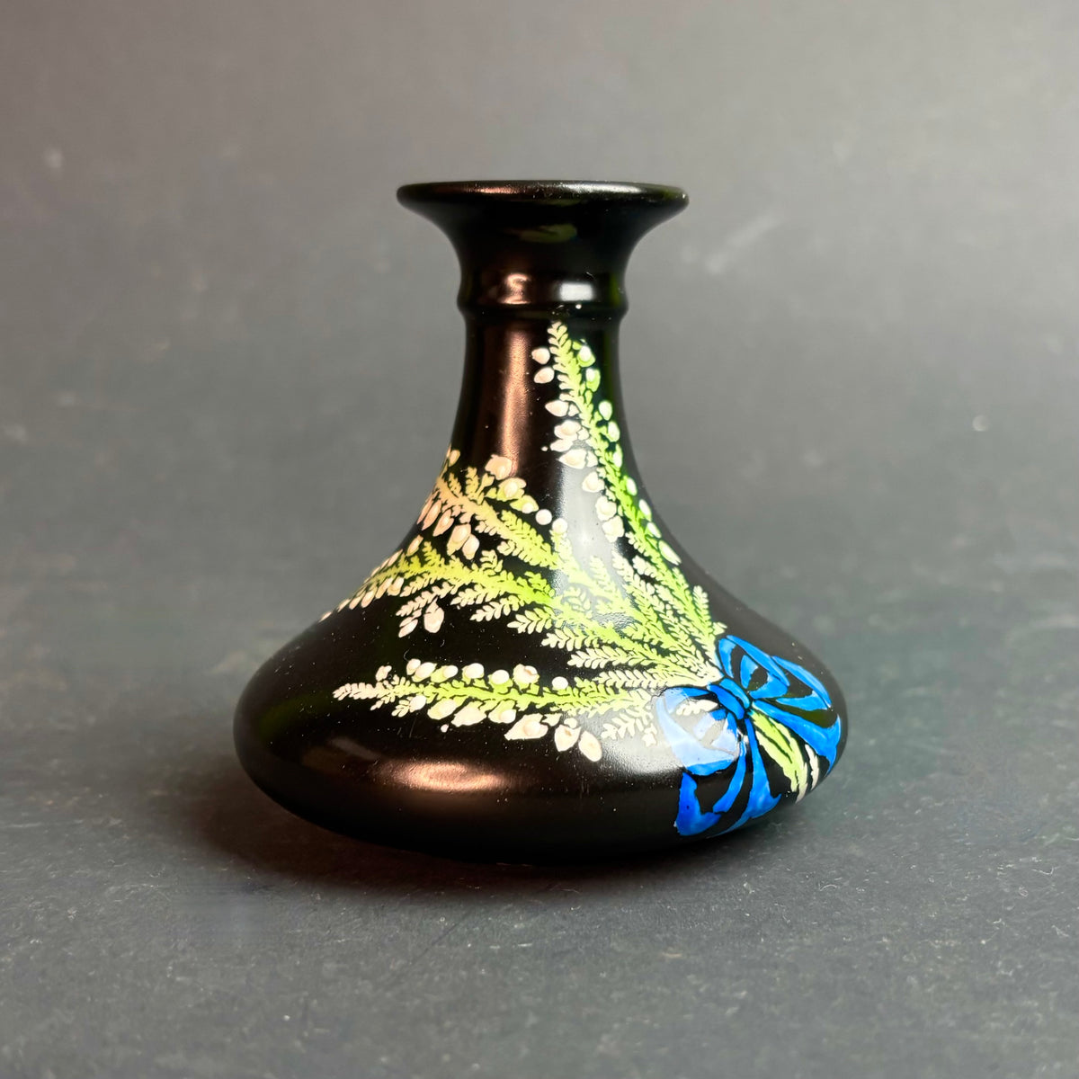 Shelley England Black Vase with Hand Painted Floral Spray and Blue Ribbon c.1920s