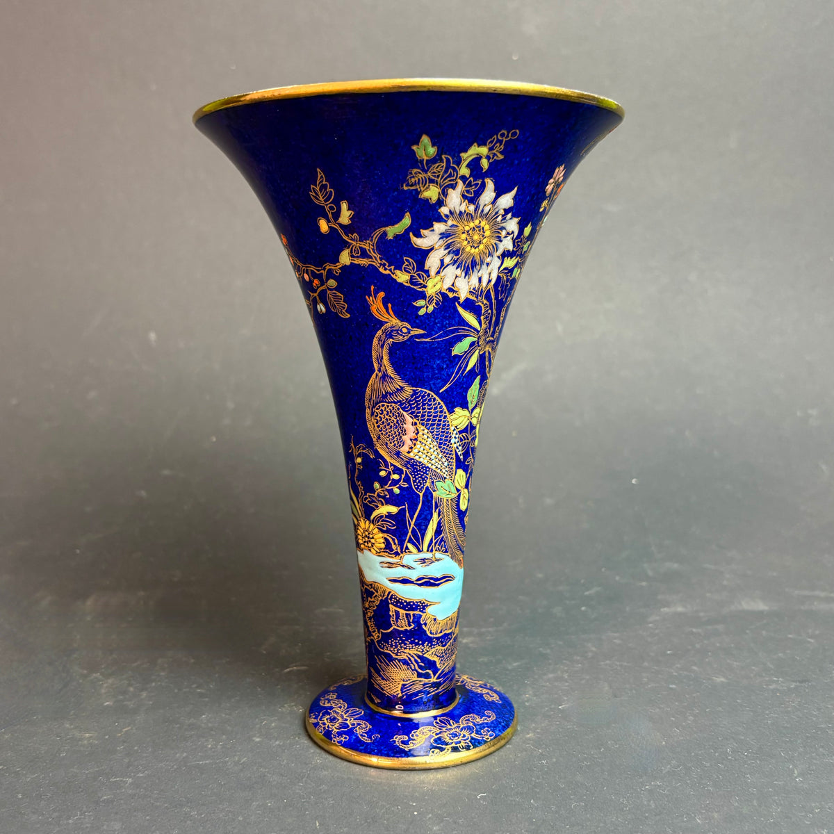 Carlton Ware Kang He Rocery & Pheasants Trumpet Vase – Cobalt Blue & Gilt – c.1930s