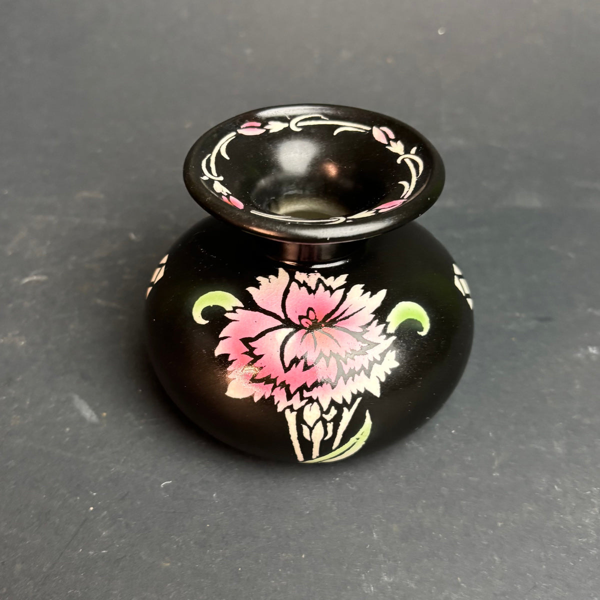 Shelley England Art Deco Black Bud Vase with Hand Painted Floral Design c.1920s