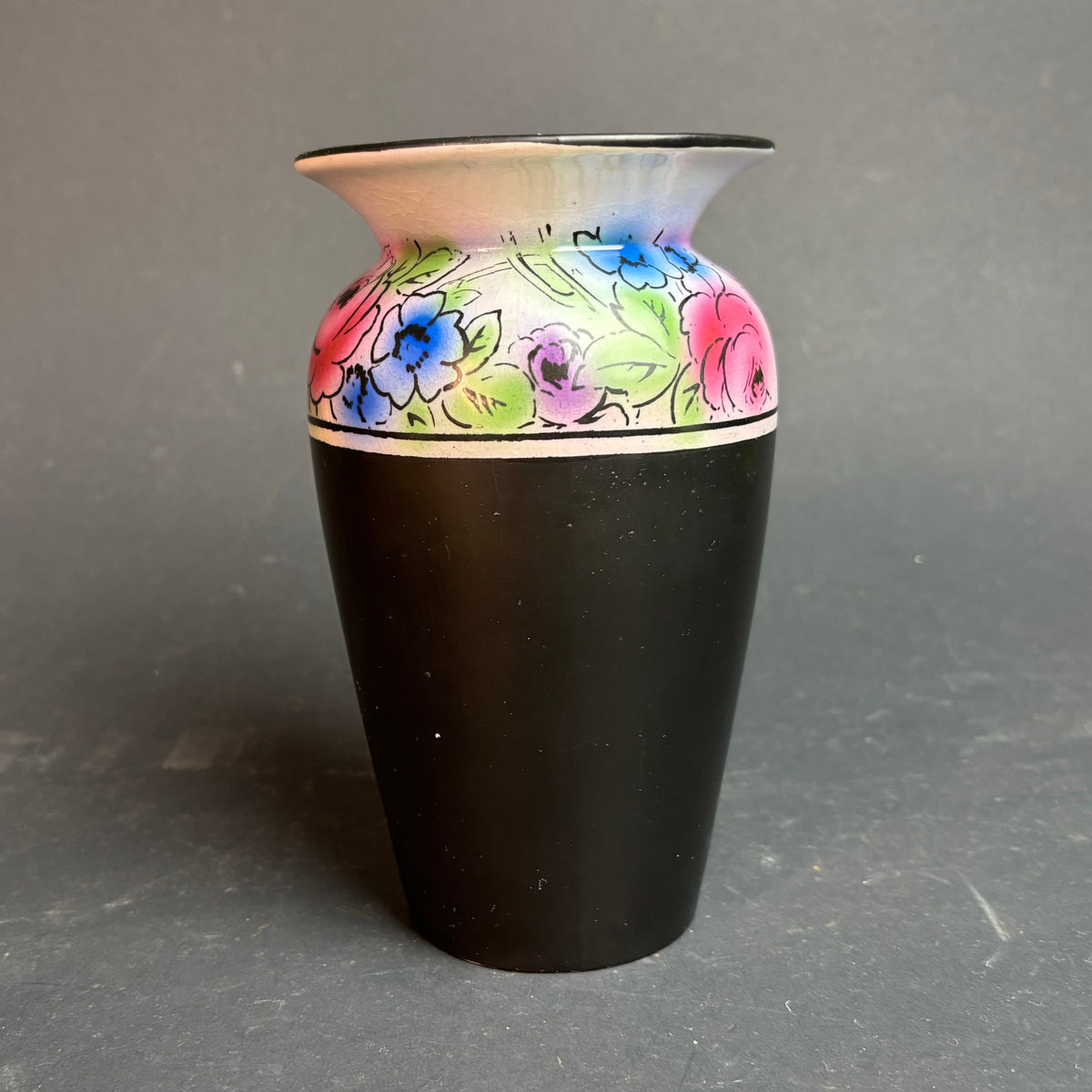 Shelley England Black Vase with Hand Painted Floral Band Reg. 73706 c.1920s