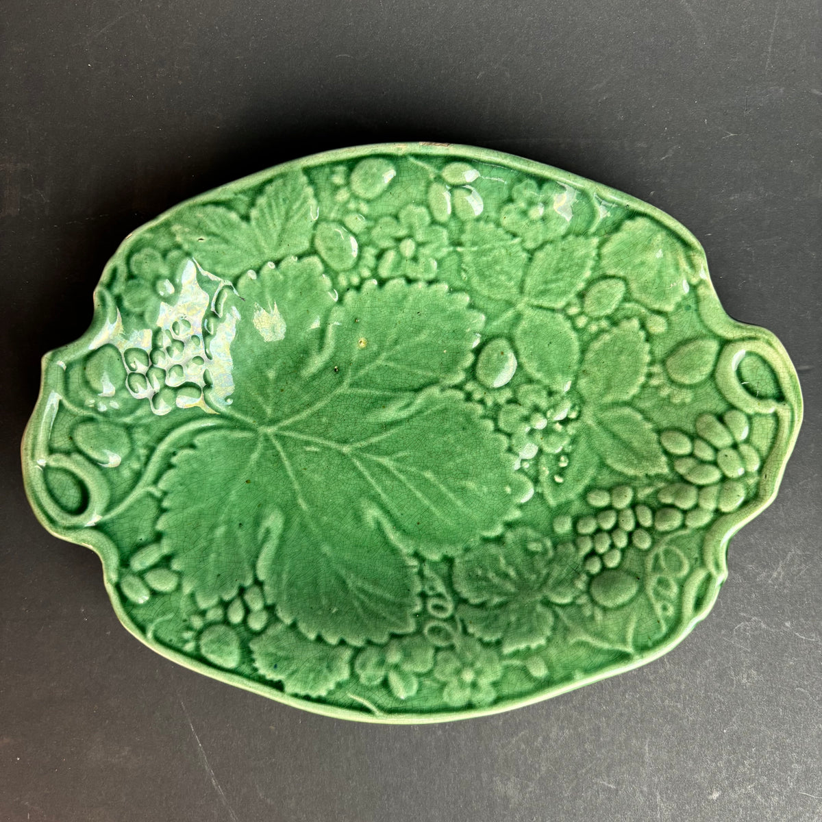 Large Vintage Green Majolica Style Serving Platter – Grape & Vine Relief c.1930s–50s
