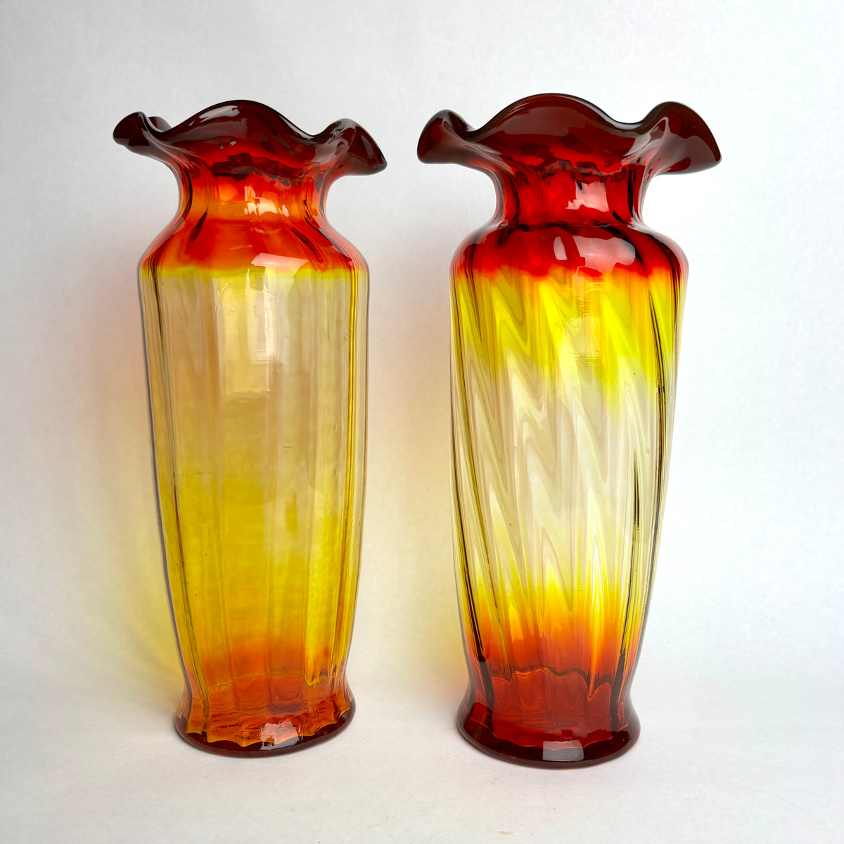 Pair Hand Blown Amberina Art Glass Vases Cadmium Glow 25cm