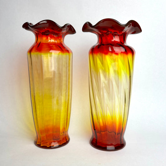 Pair Hand Blown Amberina Art Glass Vases Cadmium Glow 25cm