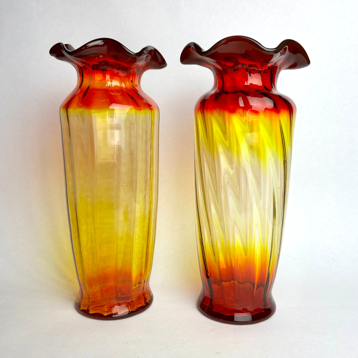 Pair Hand Blown Amberina Art Glass Vases Cadmium Glow 25cm